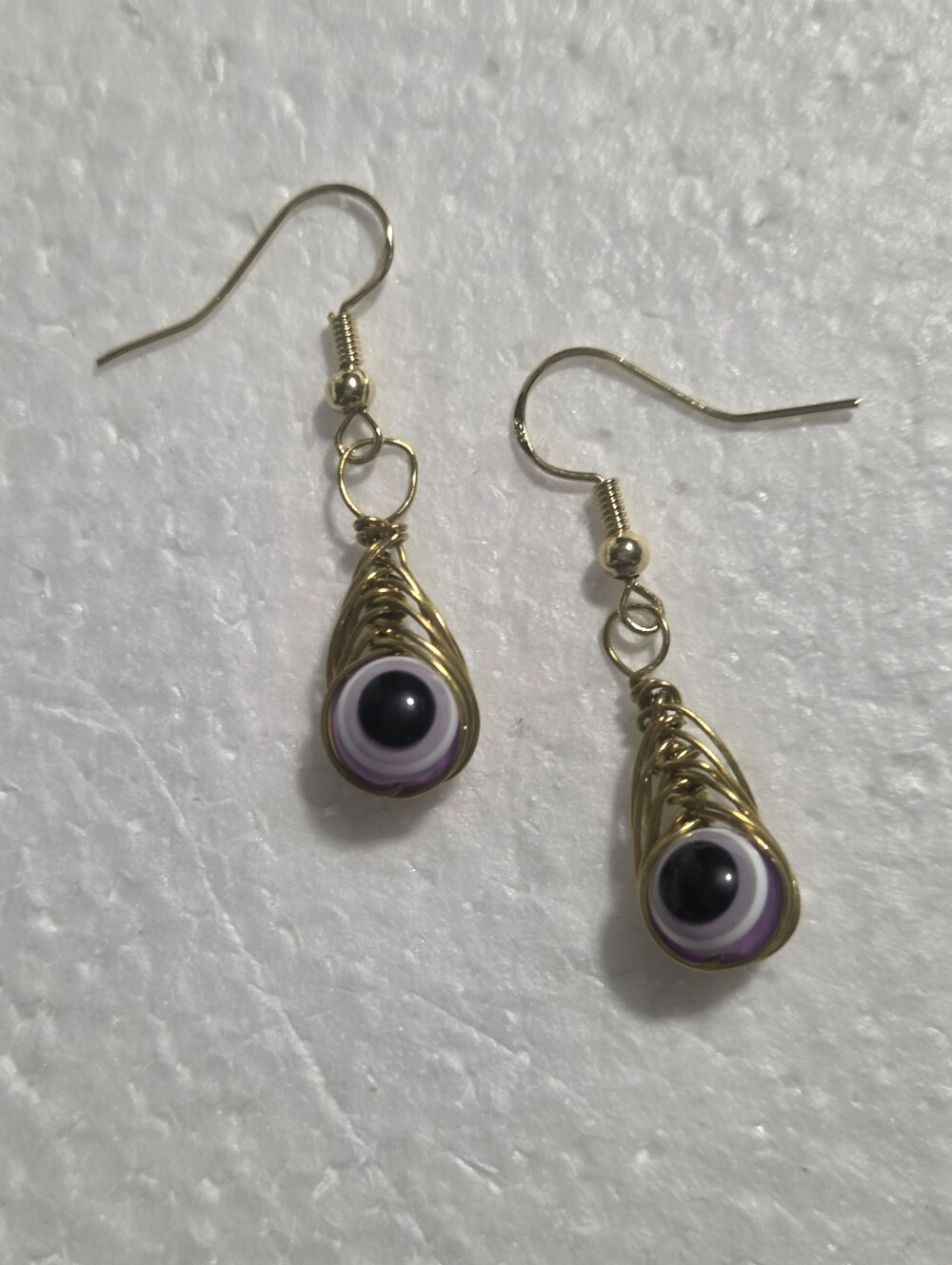 Handcrafted Gold Wire Wrapped Purple Evil Eye Drop Earrings - Women Jewelry